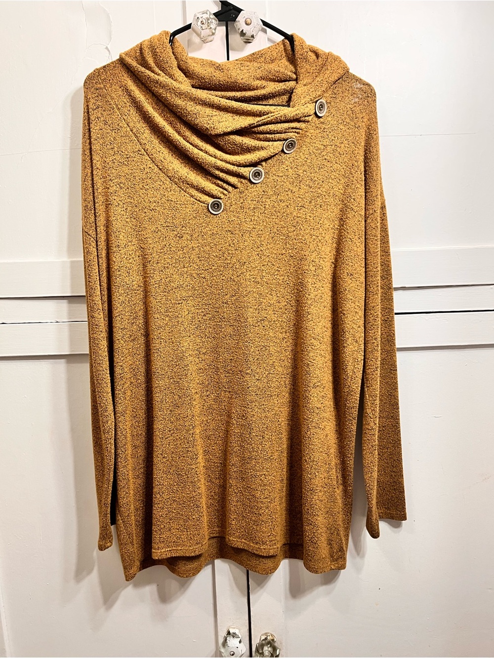 Vanilla Bay Mustard Draped Cowl Neck Sweater with Button Accents